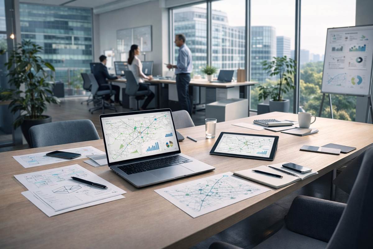 Modern consultancy workspace with planning materials and a clean professional setup